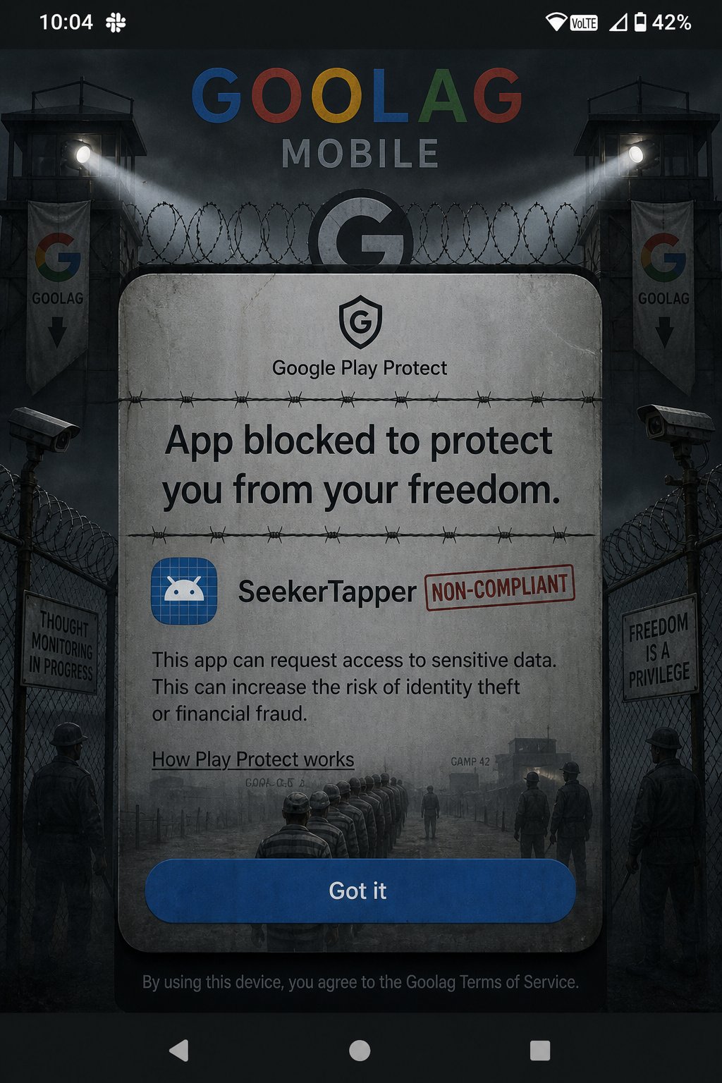 Google Play Protect dialog blocking SeekerTapper, styled as a Goolag prison gate.